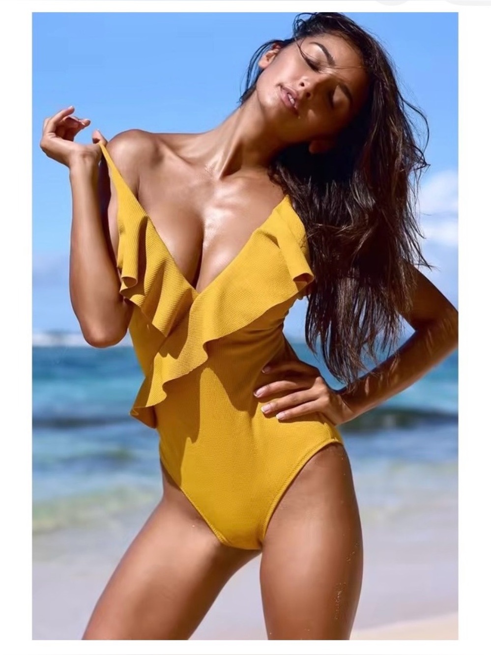 Women’s One-Piece Swimsuit - Yellow Ruffle Front